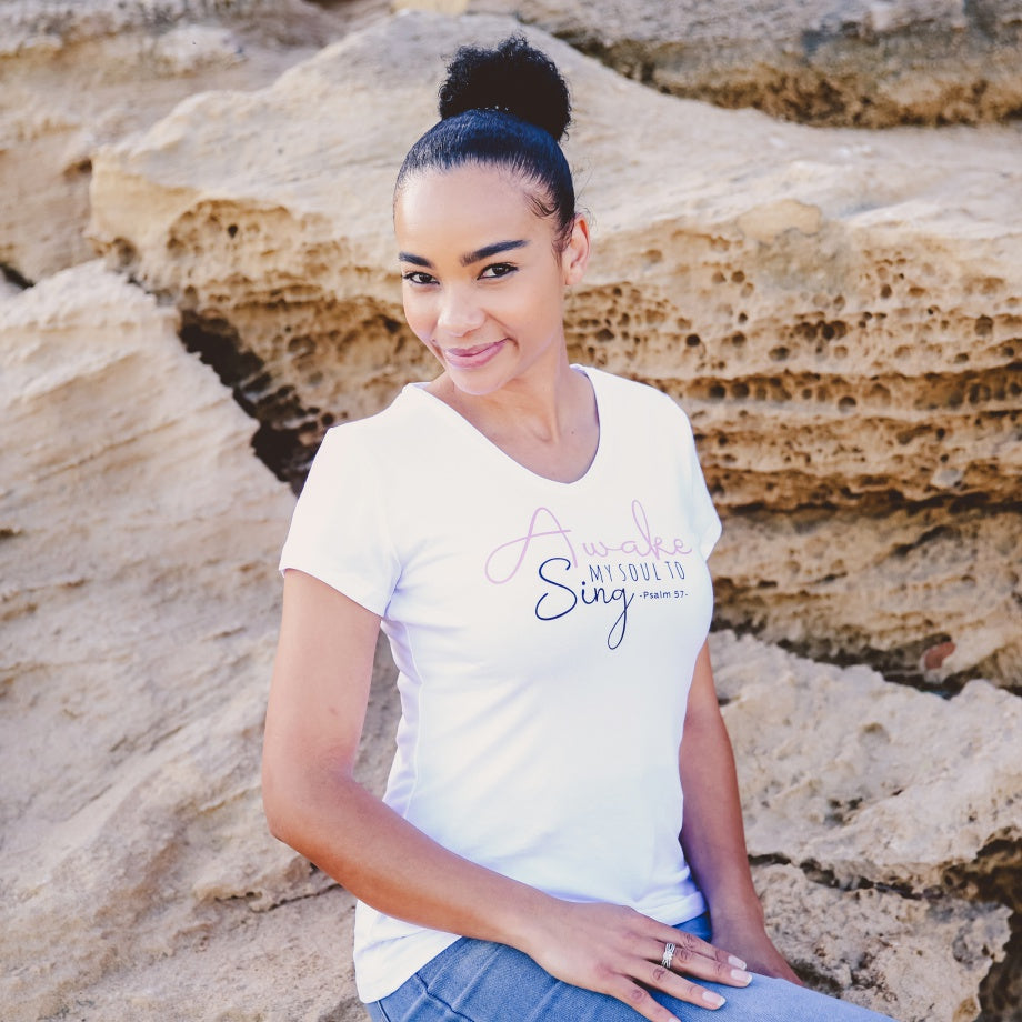 Awake my Soul – Christian Ladies T shirt (White)