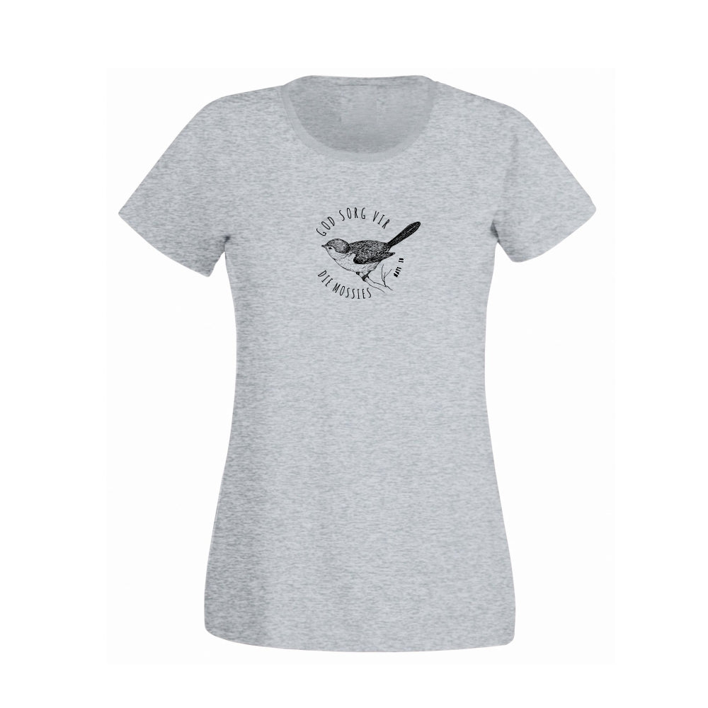 God sorg vir die Mossies - Christian Ladies t-shirt (Grey Melange)