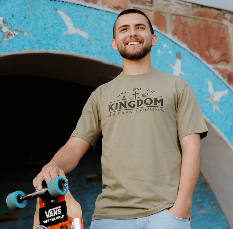 Seek first the Kingdom of God – Premium Christian T shirt (Light Olive)
