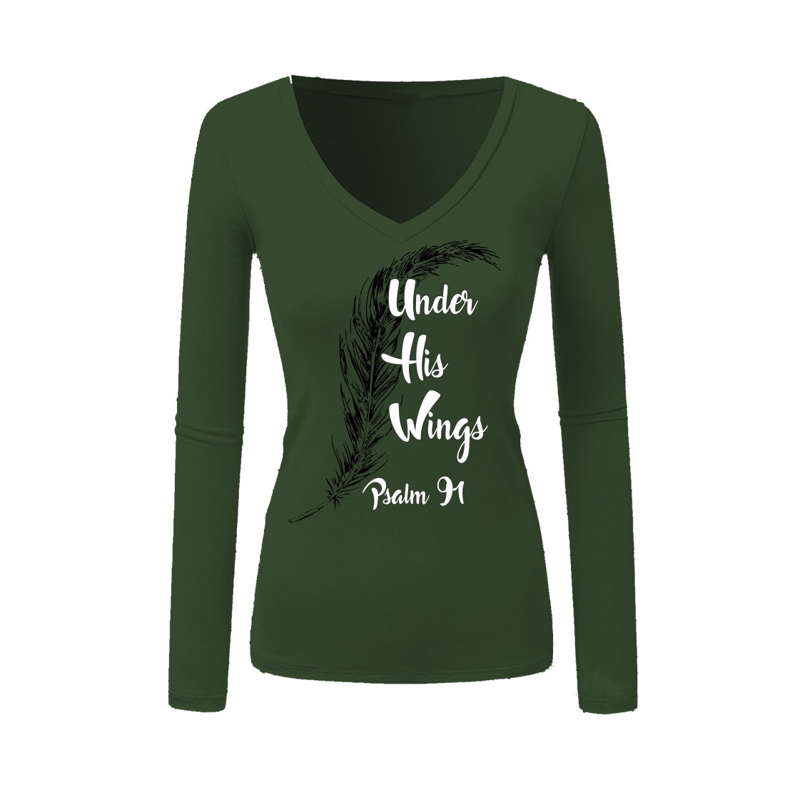 Under His Wings - Christian Ladies Long Sleeve (Green)