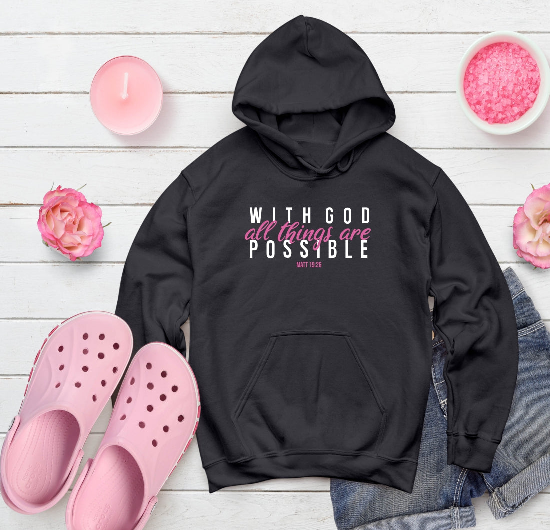 With God all things are possible - Christian Hoodie (Charcoal-Pink)