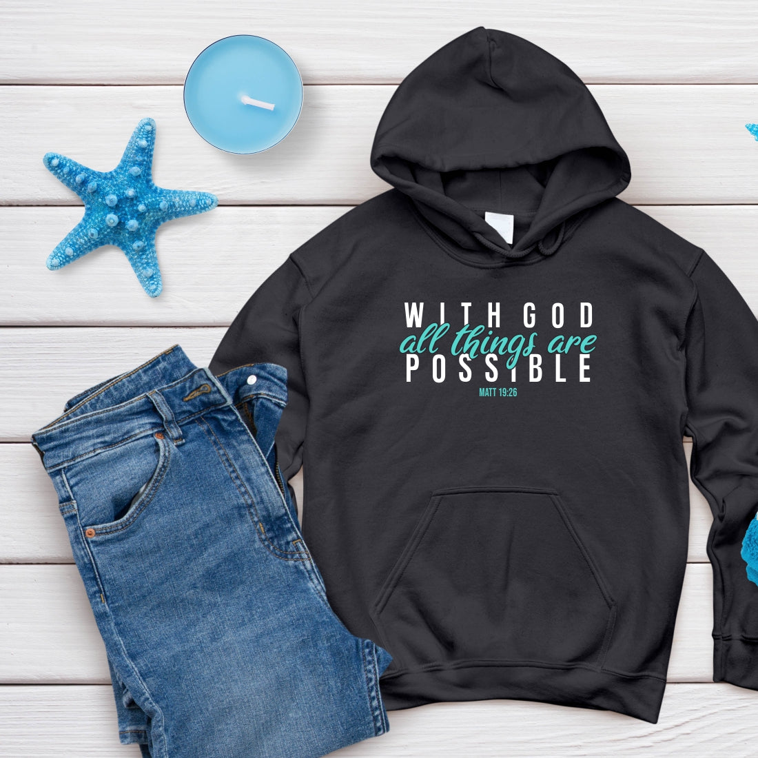 With God all things are possible - Christian Hoodie (Charcoal-Teal)