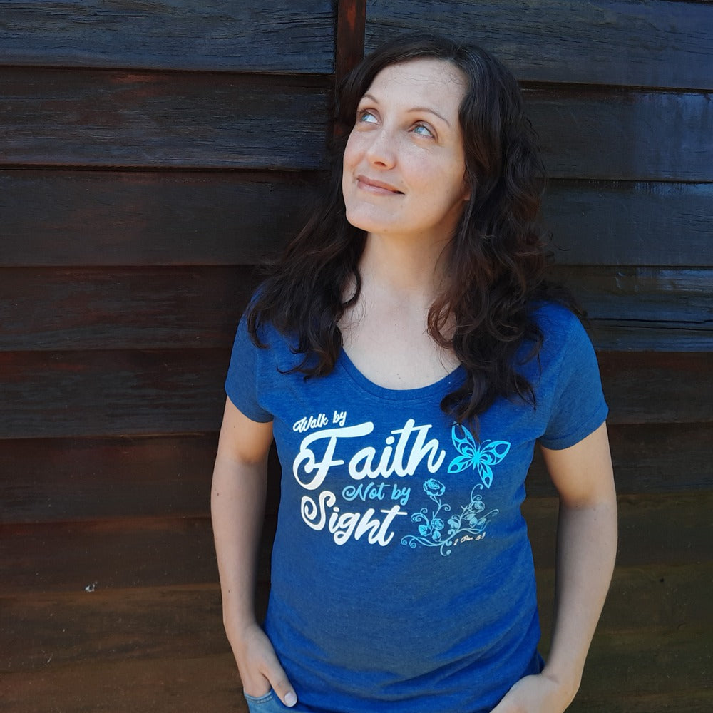 Walk by Faith – Christian Ladies T shirt (Blue Melange)
