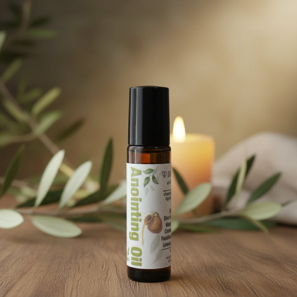 Roll-on bottle of 'Anointing Oil' with olive leaves and a candle in the background on a wooden surface.