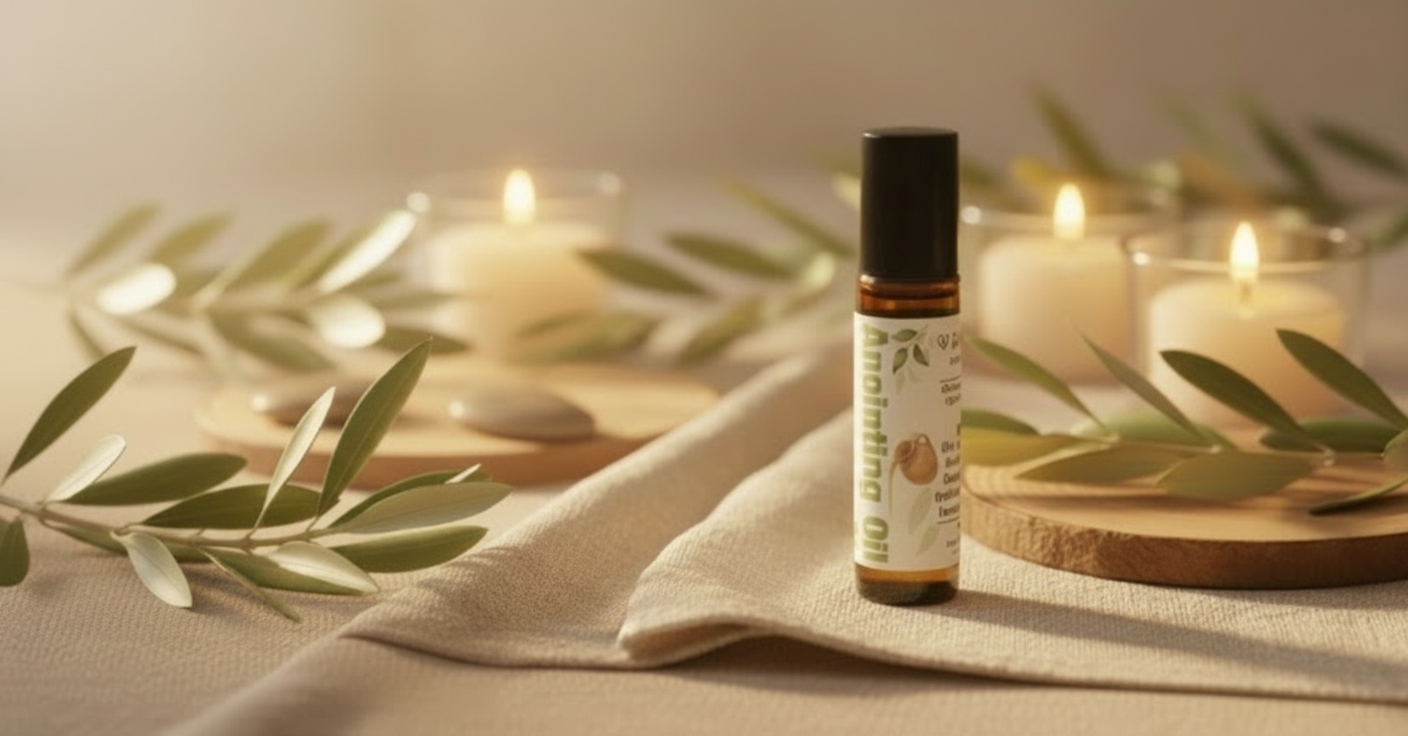 Roll-on bottle of anointing oil with olive leaves and candles in the background