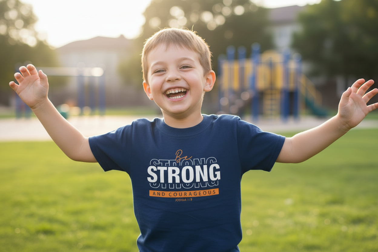 Be_Strong_and_Courageous_-_Christian_Kids_T-shirt_-_Navy_NEW_2024