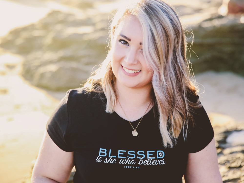 Blessed is She Who Believes -Christian Ladies T shirt (Black)