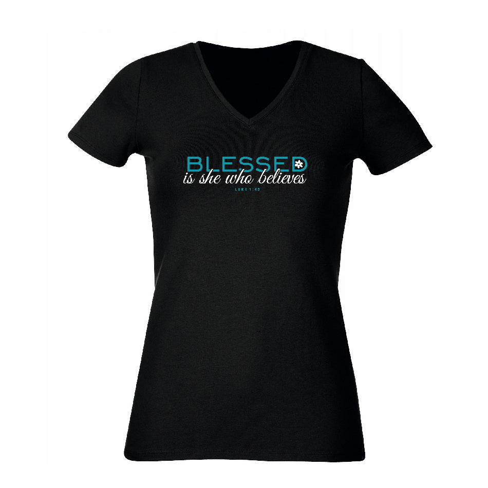 Blessed is She Who Believes -Christian Ladies T shirt (Black)