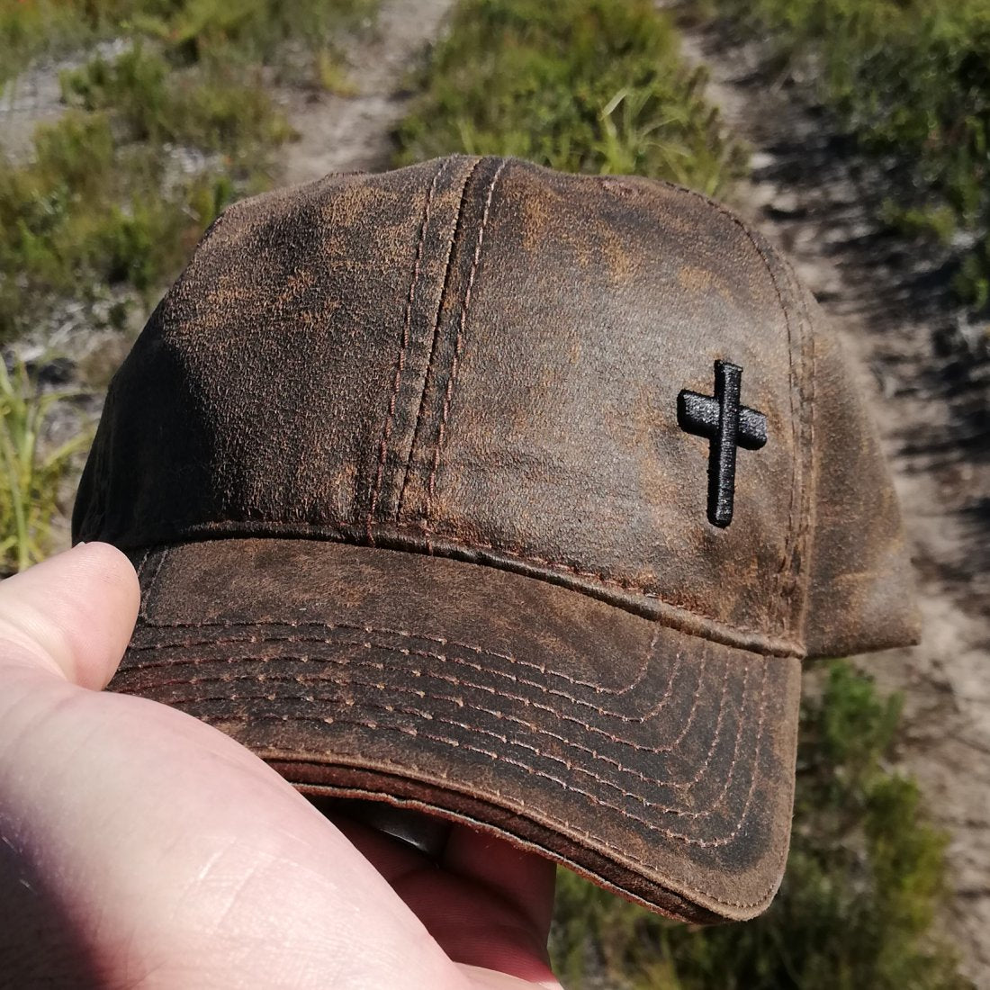 Cross - Christian Cap (Brown Oilskin)