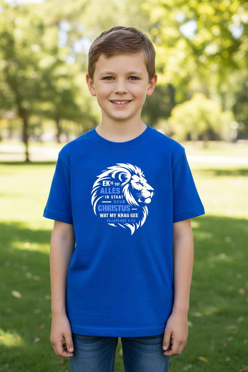 Ek is tot alles in staat – Christian Kids T shirt (Blue)