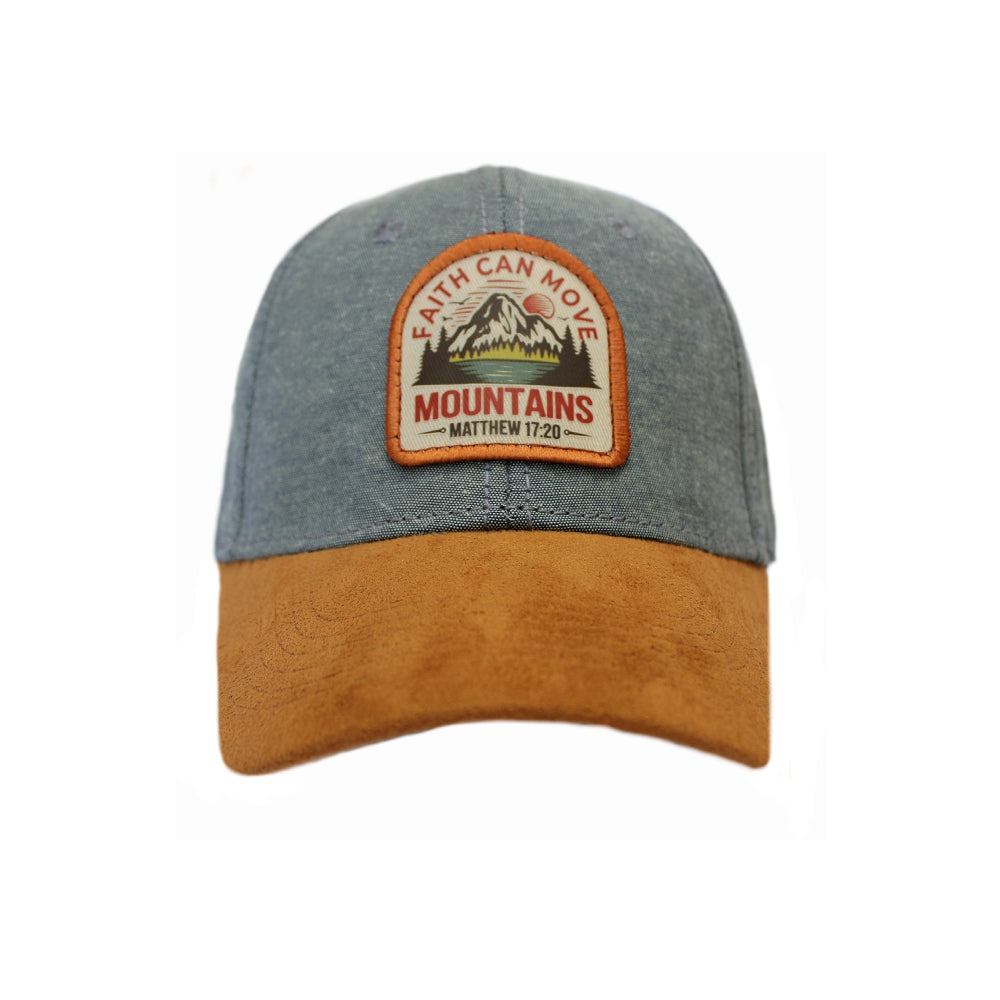 Cap with mountain patch and text on a white background