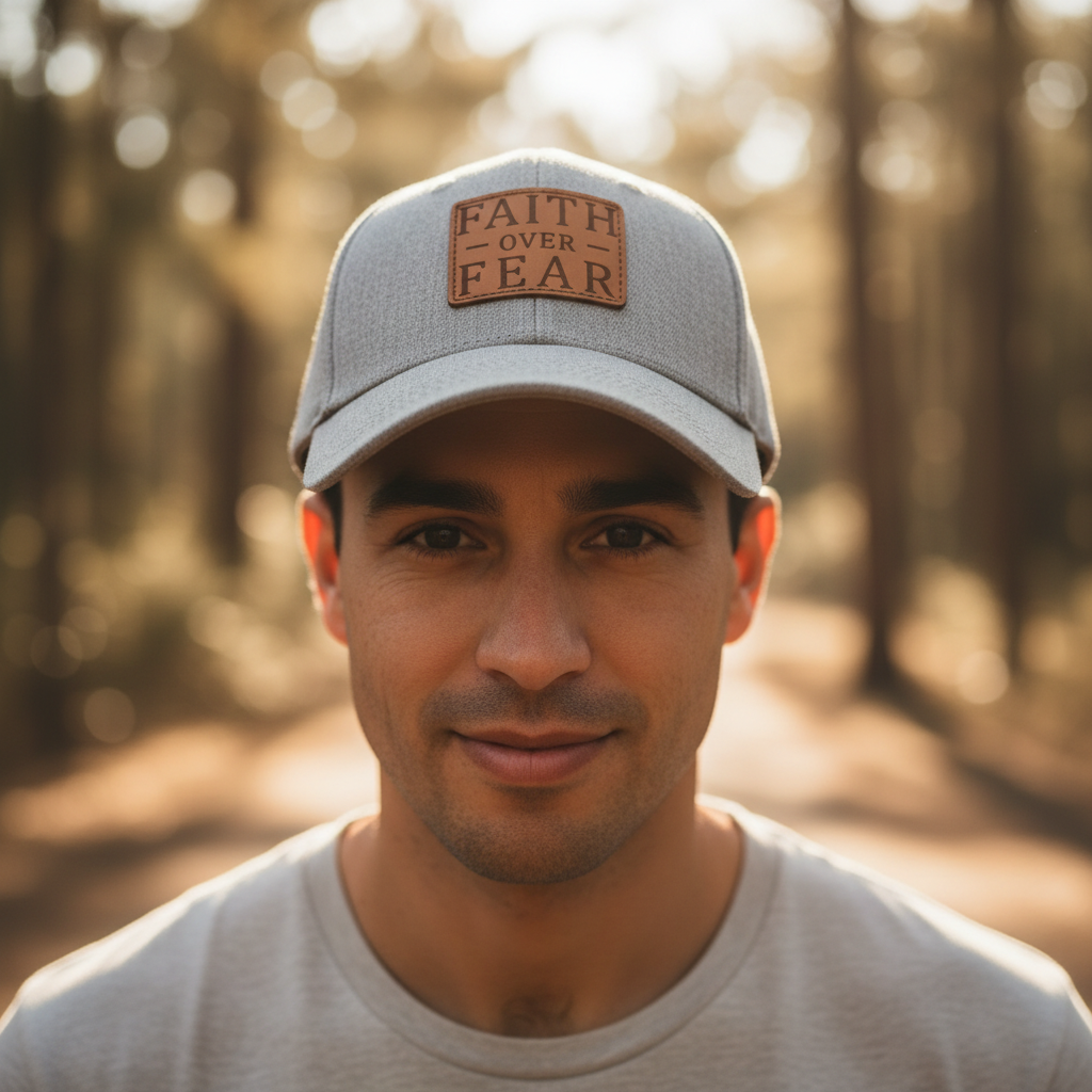 Faith over Fear - Christian Leather Patch Cap - Grey
