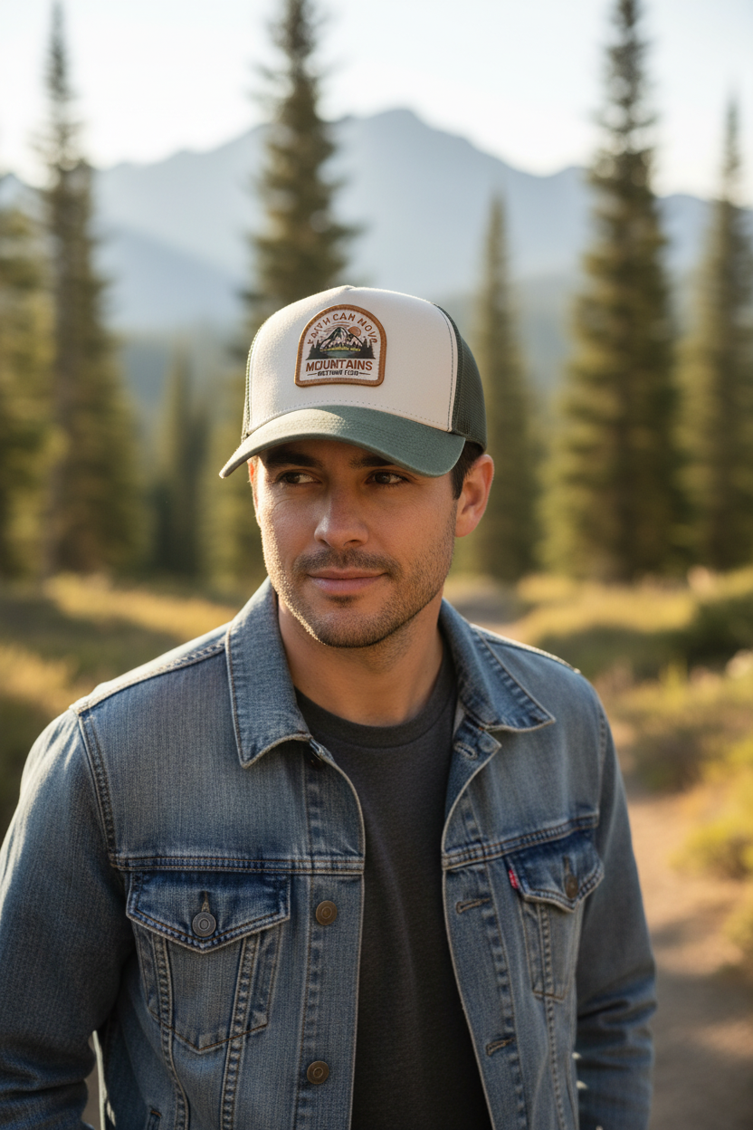 A distressed trucker hat with a cream-colored front panel and a dark gray brim, featuring a circular embroidered patch on the front with a mountain graphic and the text 'FAITH CAN MOVE MOUNTAINS MATTHEW 17:20'.