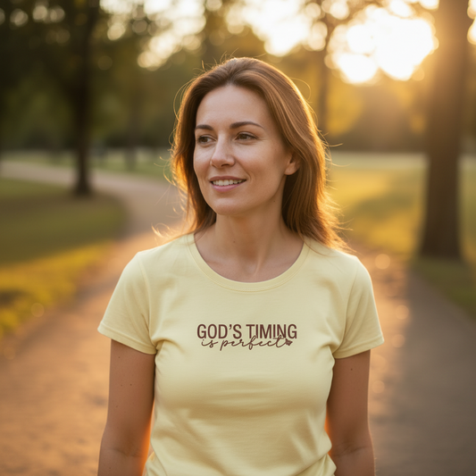 God's Timing is perfect - Christian Ladies t-shirt (Stone)