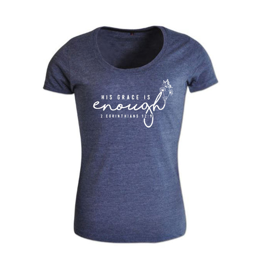 His Grace is Enough-  Christian Ladies T shirt (Navy Melange)