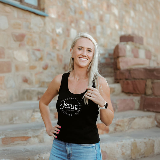 Jesus the Way – Christian Ladies Racerback (Black)