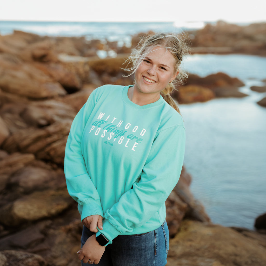 With God All things are possible - Christian Sweater (Aqua)