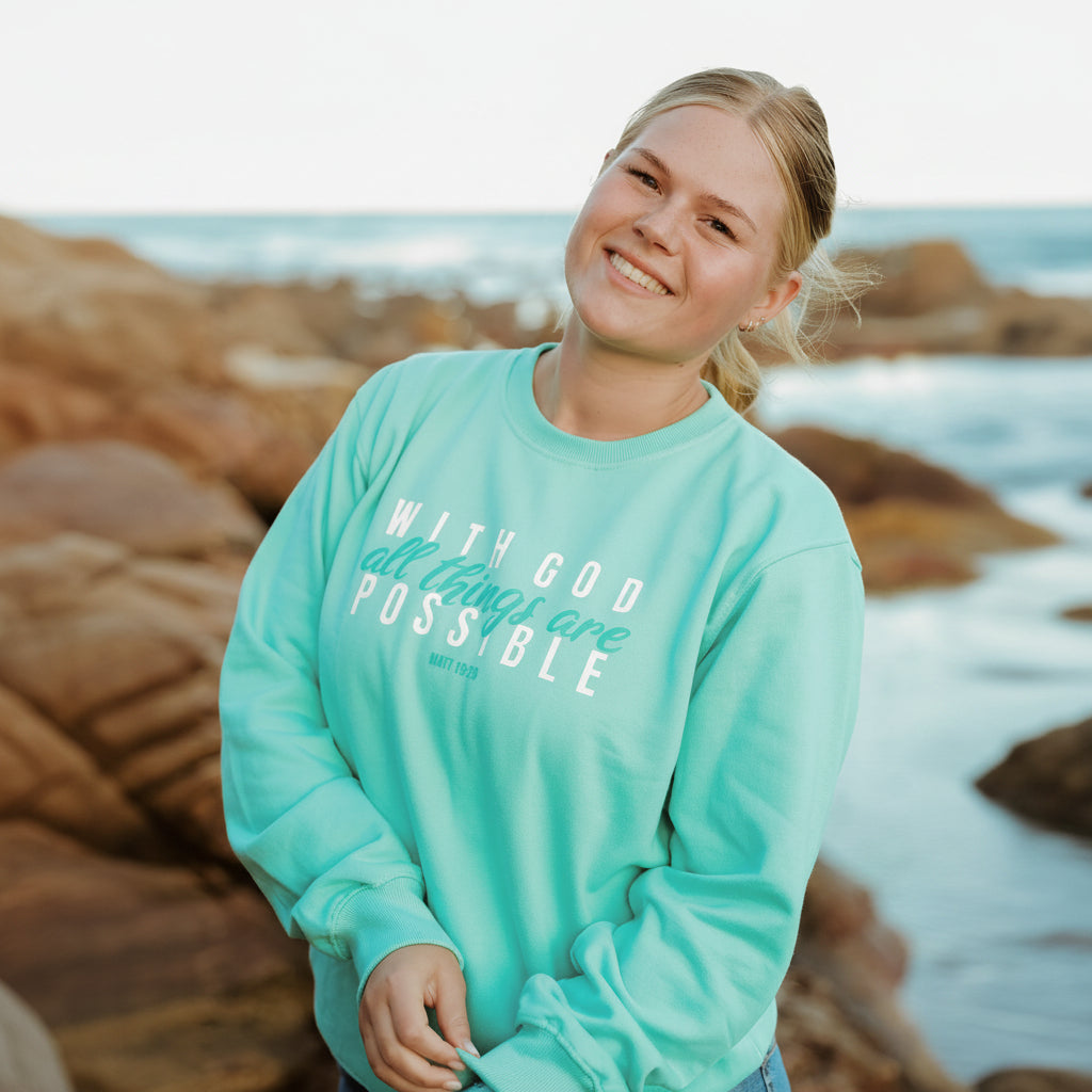 With God All things are possible - Christian Sweater (Aqua)
