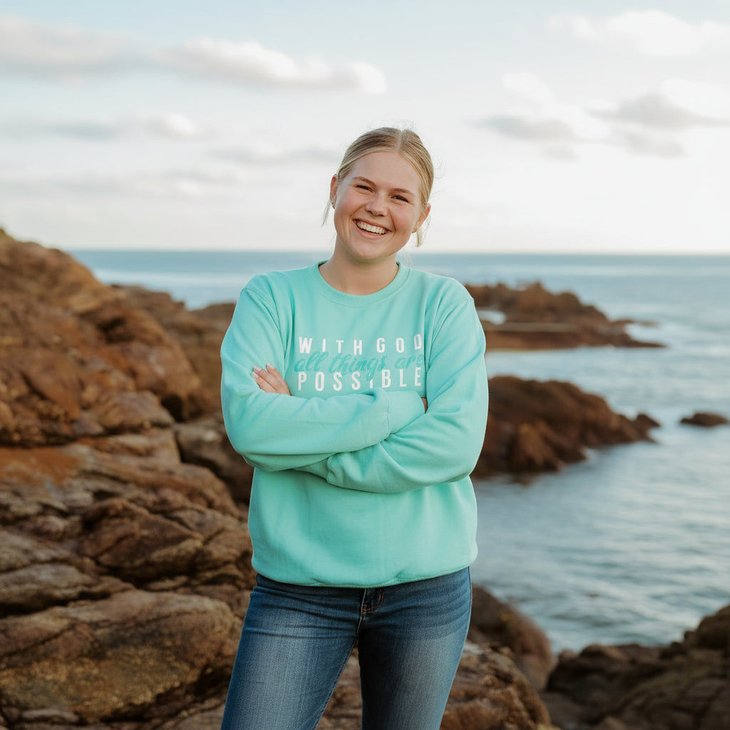 With God All things are possible - Christian Sweater (Aqua)