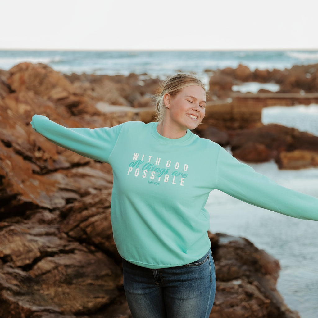 With God All things are possible - Christian Sweater (Aqua)