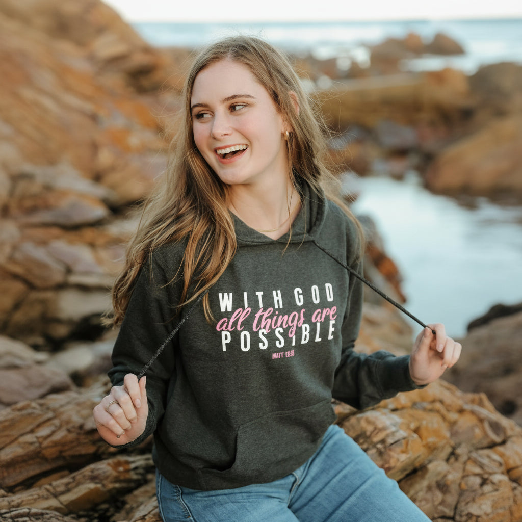 With God all things are possible - Christian Hoodie (Charcoal-Pink)