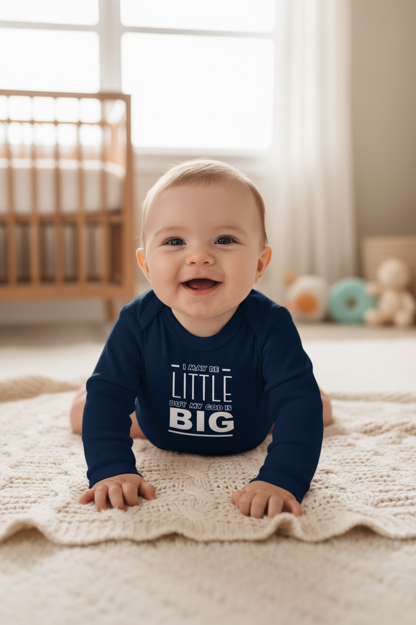 I may be little but my God is Big - Christian Baby Onesie (Navy LS)