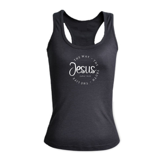 Jesus the Way – Christian Ladies Racerback (Black)