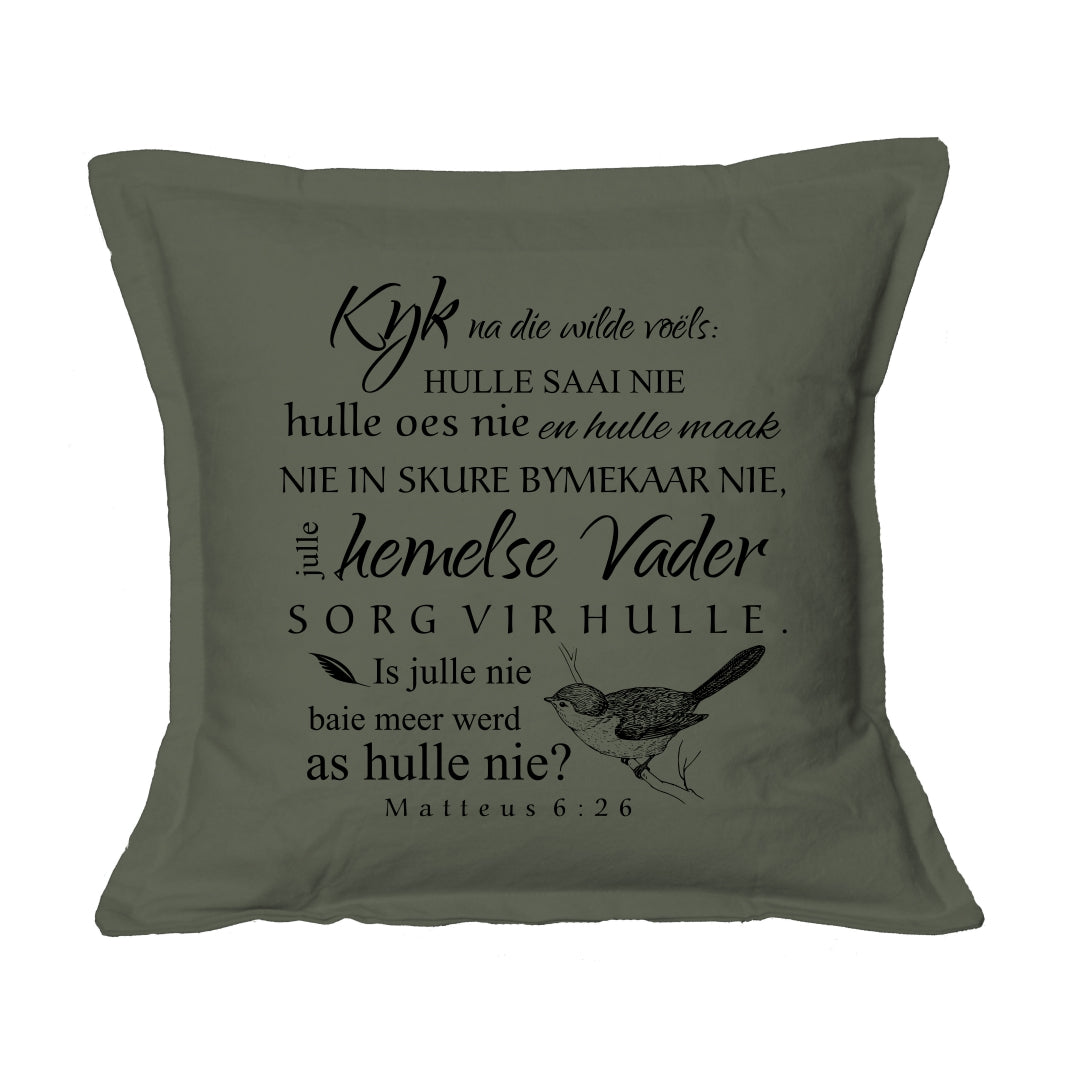 Kyk na die Wilde voels - Christian Cushion Cover (Khaki)