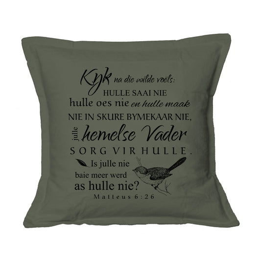 Kyk na die Wilde voels - Christian Cushion Cover (Khaki)