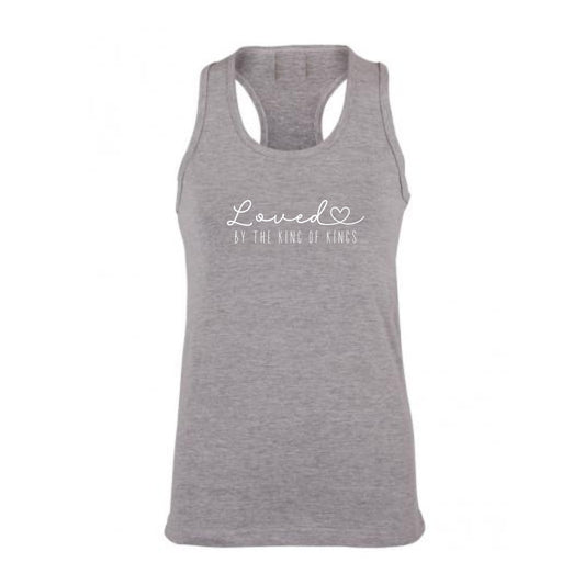 Loved by the King of Kings  – Christian Ladies Racerback (Grey Melange)