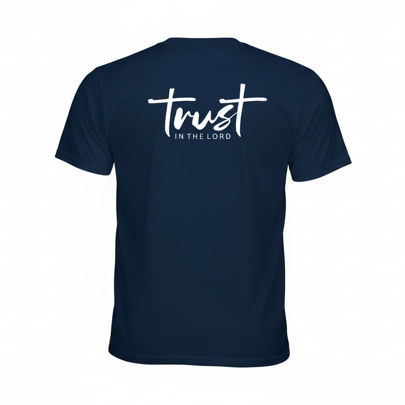 Navy Christian T-shirt with the words: "Trust in the Lord" on the back. 