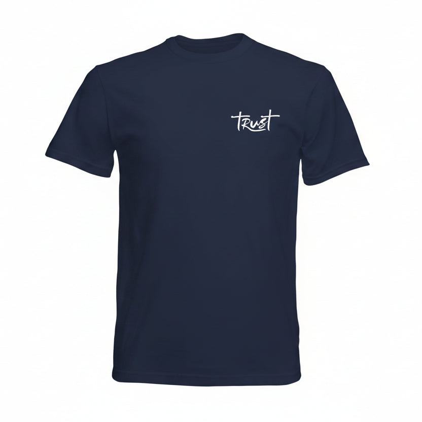 Navy Christian T-shirt with the word "Trust" as a pocket print in front.