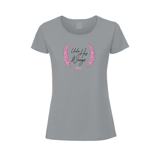 Under His Wings - Christian Ladies T shirt (Grey)