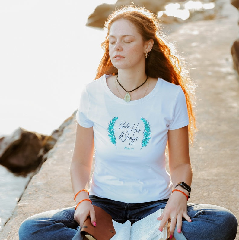 Under His Wings - Christian Ladies T shirt (White)
