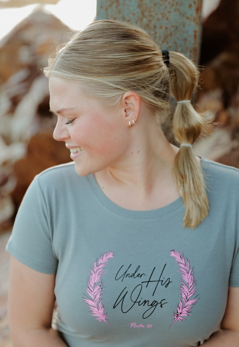 Under His Wings - Christian Ladies T shirt (Grey)