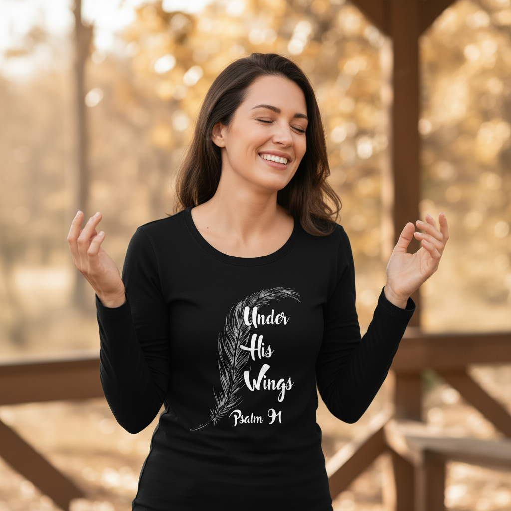Under His Wings - Christian Ladies Long Sleeve (Black)