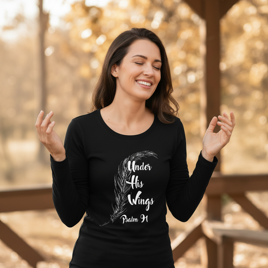 Under His Wings - Christian Ladies Long Sleeve (Black)