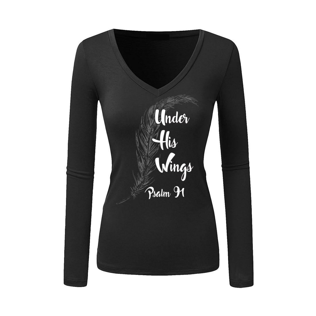 Under His Wings - Christian Ladies Long Sleeve (Black)