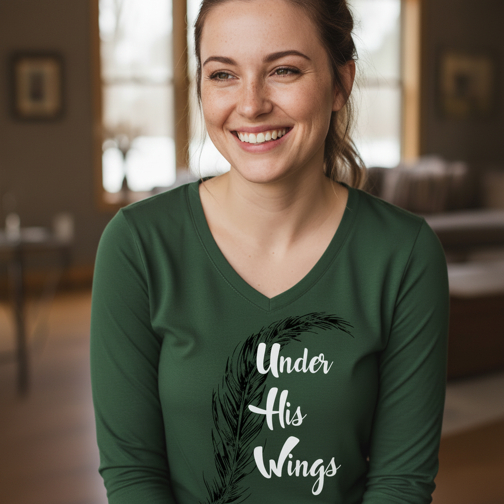 Under His Wings - Christian Ladies Long Sleeve (Green)