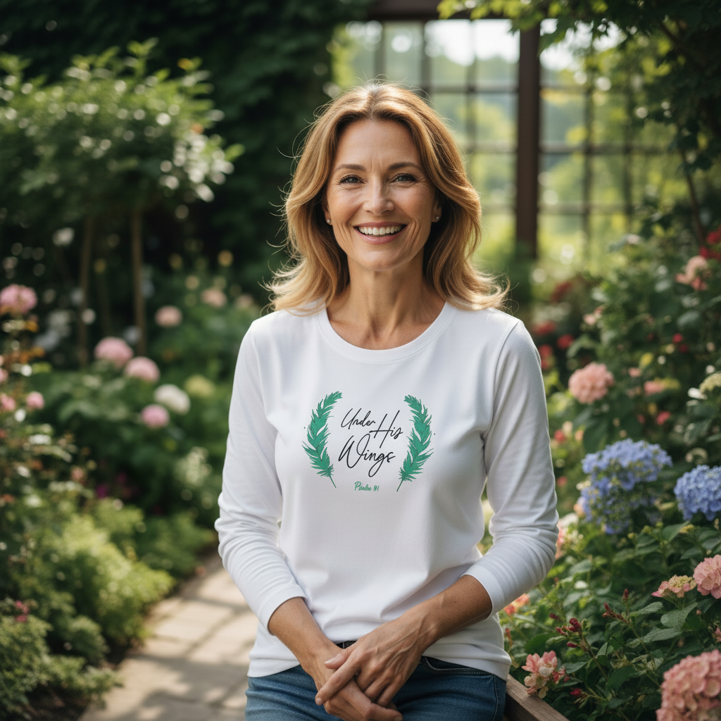 Under His Wings - Christian Ladies LS (White)