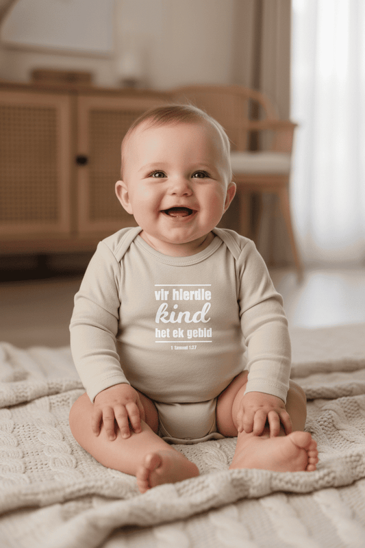Vir Hierdie Kind het ek gebid - Christian Baby Onesie LS (Beige)