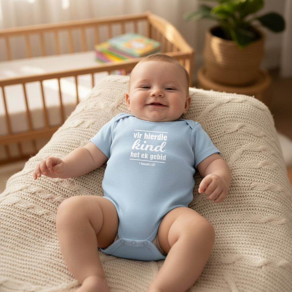 Vir hierdie kind het ek gebid - Christian Baby Onesie (Blue SS)