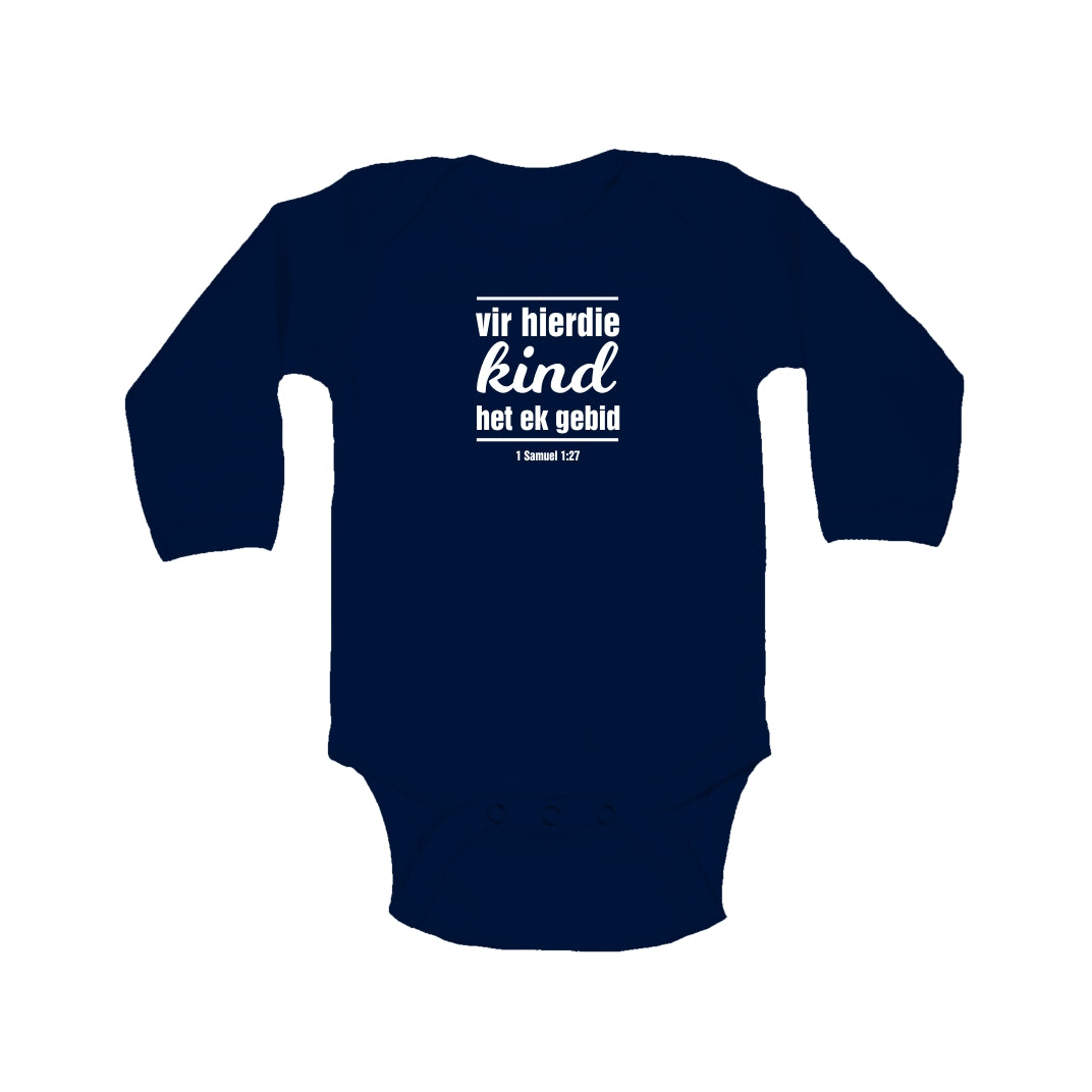 Vir hierdie kind het ek gebid - Christian Baby Onesie (Navy LS)