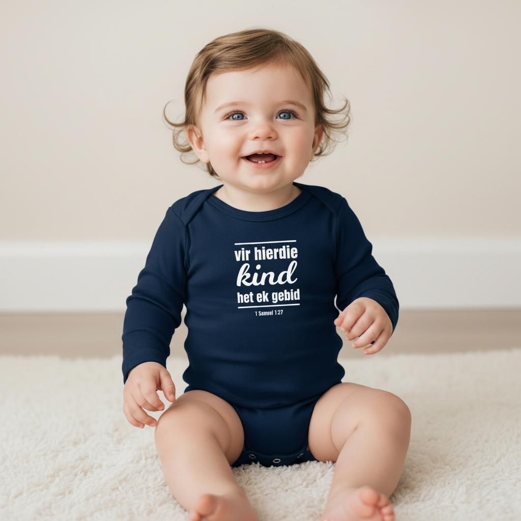 Vir hierdie kind het ek gebid - Christian Baby Onesie (Navy LS)