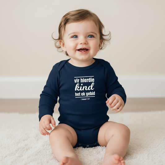 Vir hierdie kind het ek gebid - Christian Baby Onesie (Navy LS)