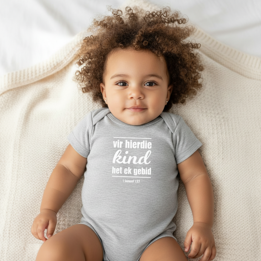 Vir hierdie kind het ek gebid - Christian Baby Onesie (Grey SS)