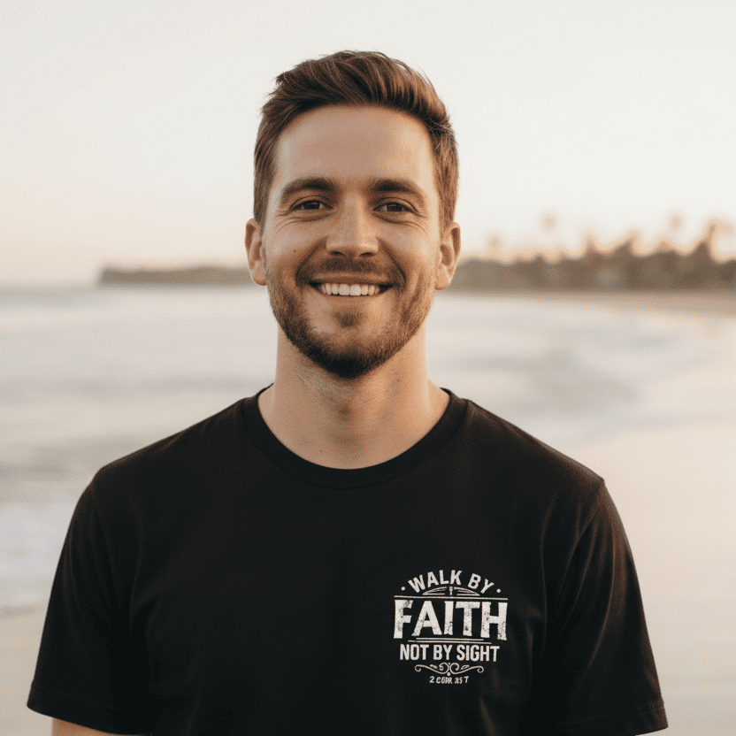 A smiling man wearing a black t-shirt with a white graphic print that reads 'WALK BY FAITH NOT BY SIGHT' stands on the beach during sunset.