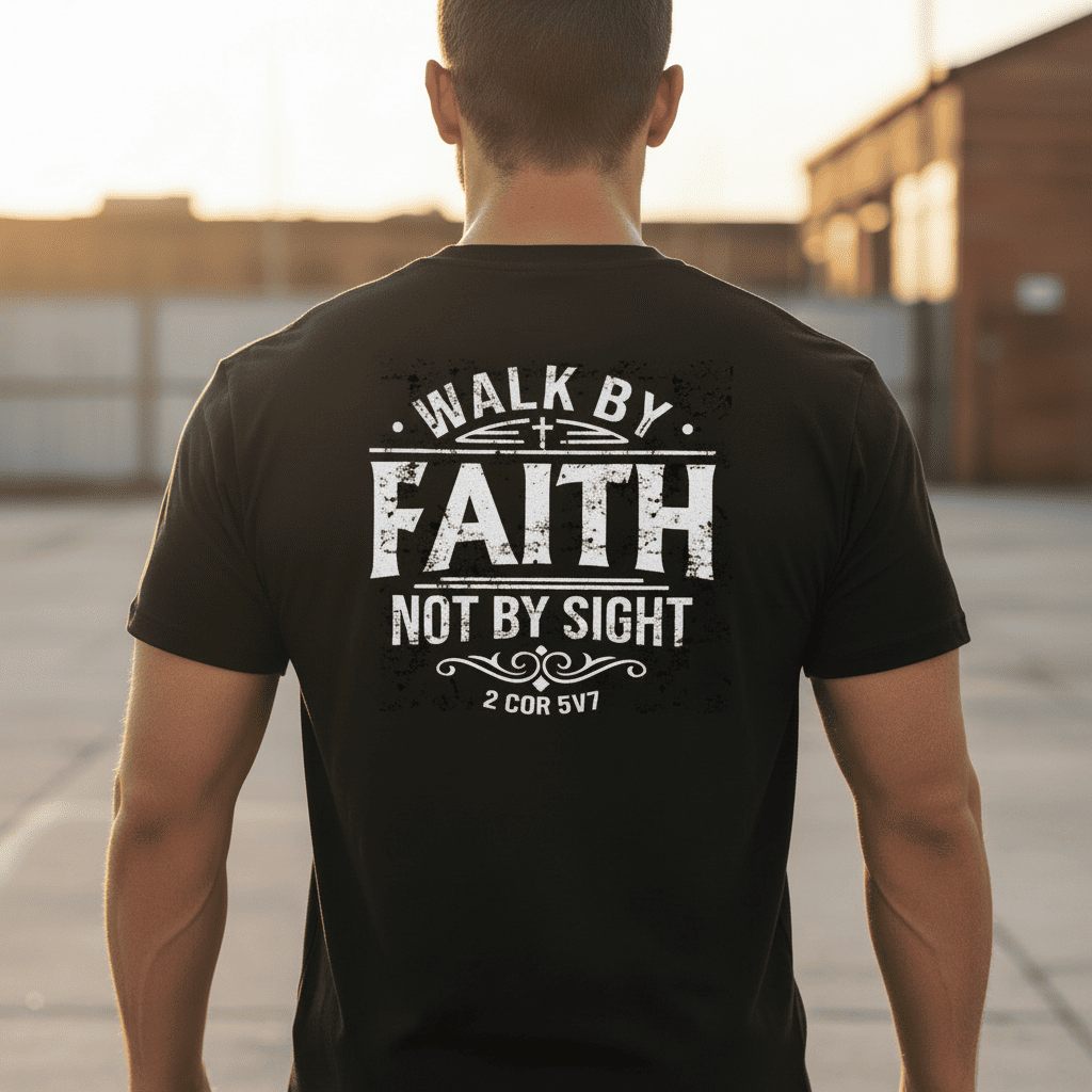 A man viewed from behind wearing a black t-shirt with a distressed white graphic that reads 'WALK BY FAITH NOT BY SIGHT 2 COR 5:17' on the back, set against an outdoor background at sunset.