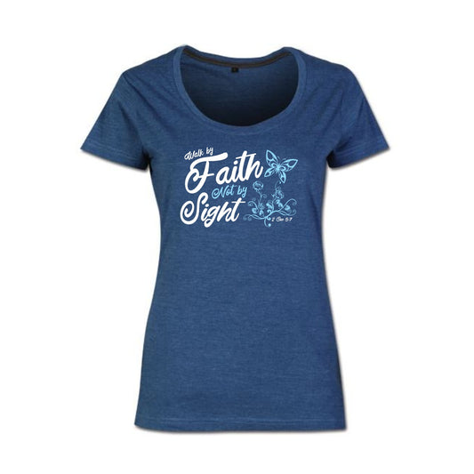 Walk by Faith – Christian Ladies T shirt (Blue Melange)