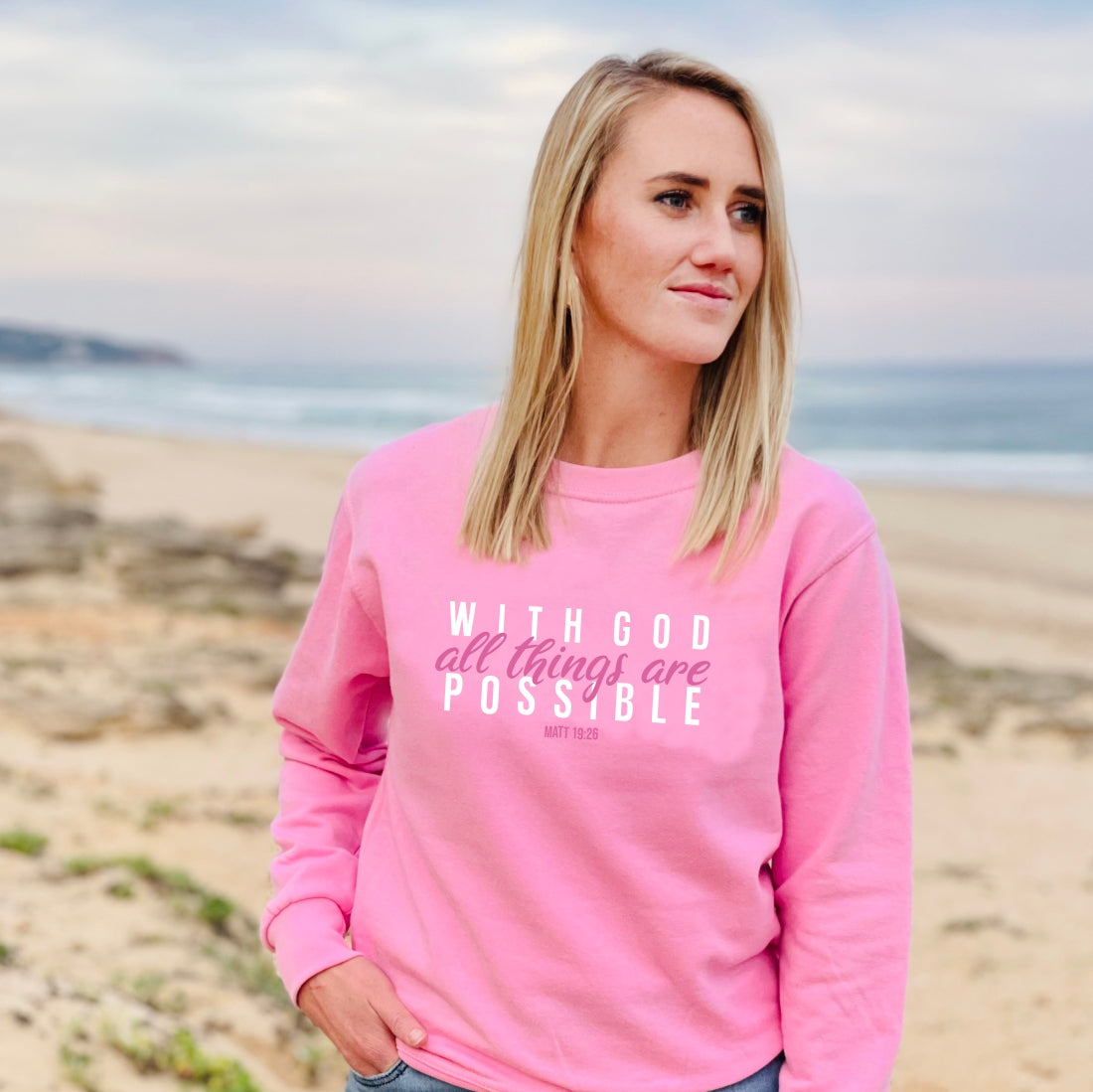 With God All things are possible - Christian Sweater (Pink)